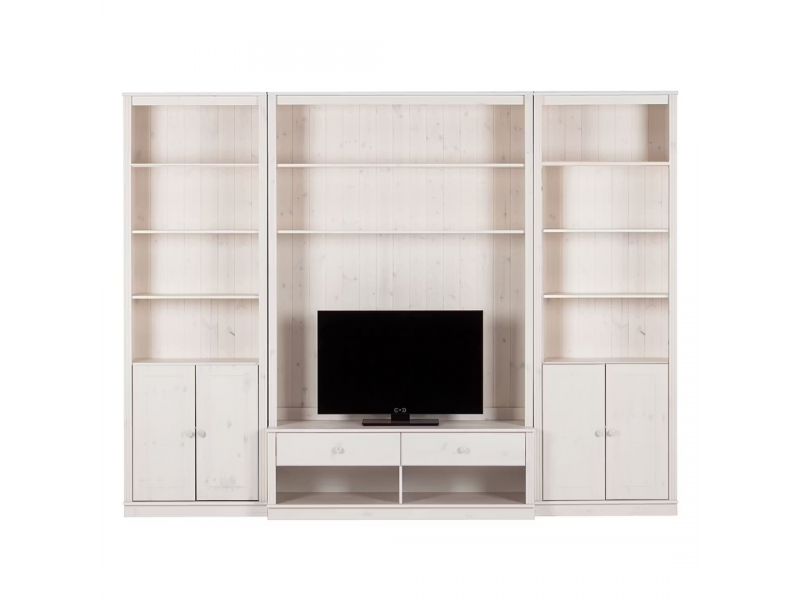 Kit com 3 estantes com portas nas laterais em Madeira Maciça – na cor branco lavado | Coleção Biblioteca